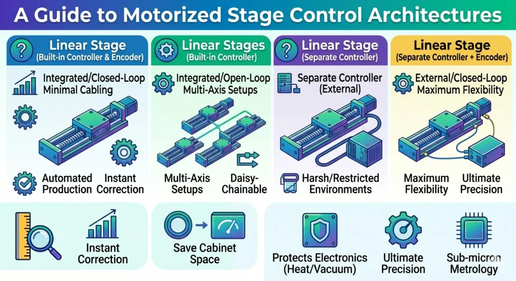 Comparison chart of 4 motorized linear stage control architectures and their key application advantages.